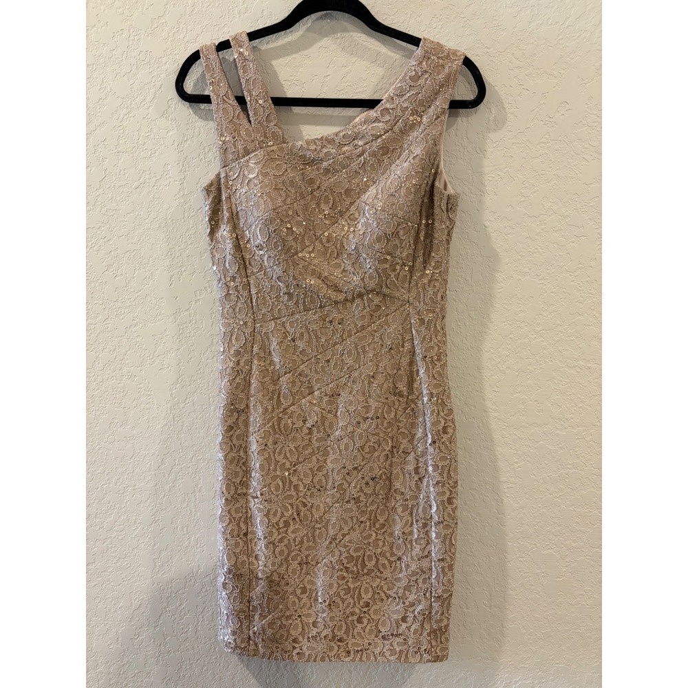 Jax Rose Gold Sequin Floral Lace Asymmetrical Sheath Cocktail Dress 6